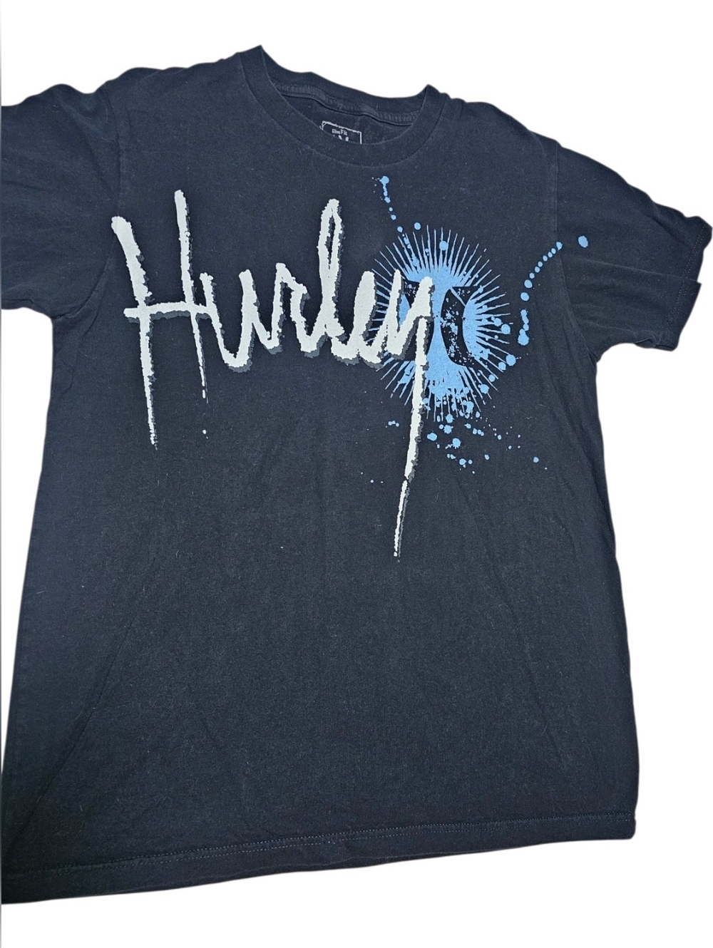 Hurley Black Short-Sleeve Tee with Light Blue and White Graphic Size Medium